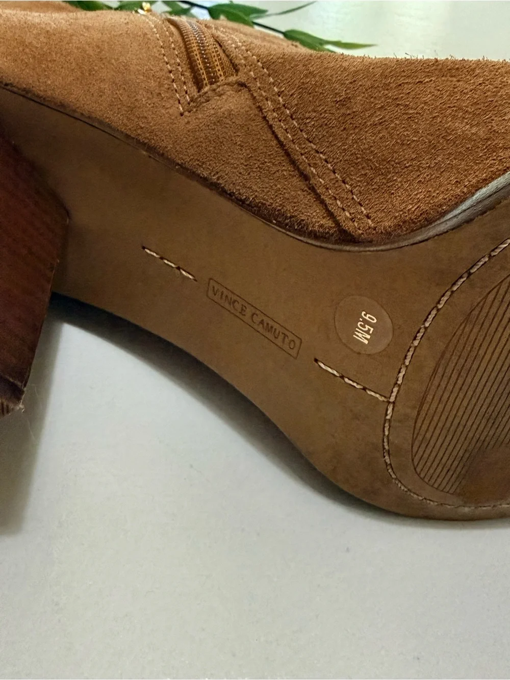 Vince Camuto Leather Tan Ankle Booties with Unique Stacked Heel 9. 5EZRANA